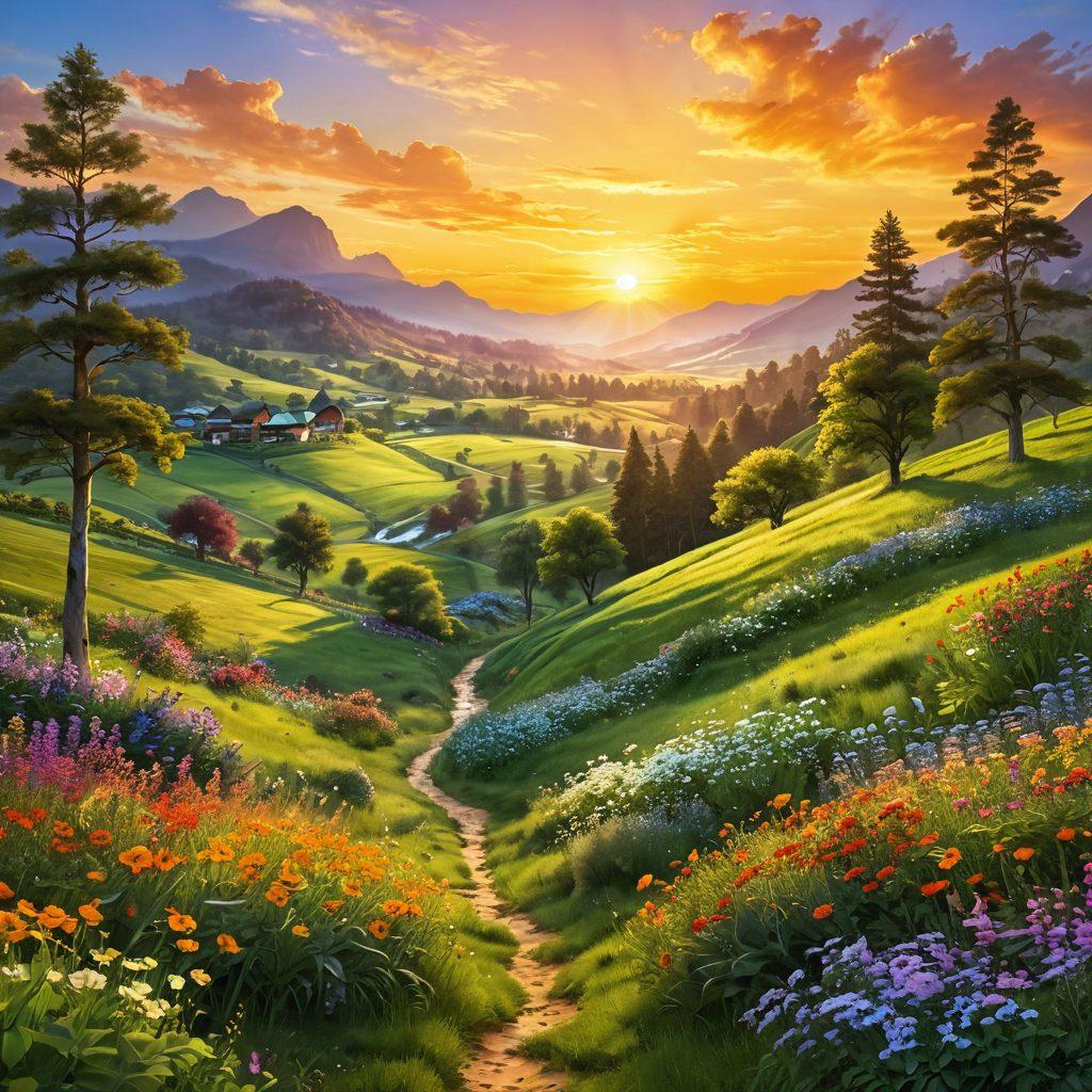 A serene landscape featuring a radiant sunrise over a lush green valley filled with blooming flowers, where diverse people of different ages and backgrounds are joyfully engaging in activities like dancing, laughing, and sharing moments of happiness. Warm, vibrant colors dominate the scene, evoking a sense of euphoria and positivity. super-realistic. vibrant colors. peaceful ambiance.