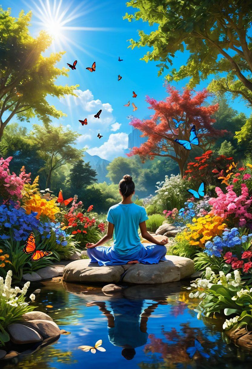 A serene garden filled with colorful flowers, a person meditating under a bright blue sky, surrounded by butterflies and glowing sunlight, depicting a sense of peace and joy. Elements of nature like a gentle stream flowing nearby and birds flying above to symbolize freedom and happiness. Create an uplifting atmosphere that inspires positivity. vibrant colors. super-realistic.