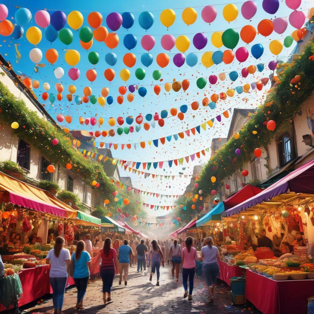 A vibrant scene of a lively street festival filled with colorful decorations, joyful people dancing, and confetti raining down. Brightly colored stalls selling festive foods and handmade crafts, with an atmosphere of laughter and celebration. Include lush greenery and balloons floating in the sky to enhance the sense of joy. super-realistic. vibrant colors. dynamic composition.